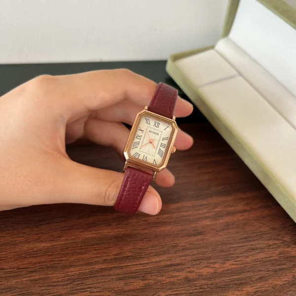 Classic Cream Rectangle Dial Burgundy Stitched Strap Watch for Women