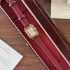 Classic Cream Rectangle Dial Burgundy Stitched Strap Watch for Women