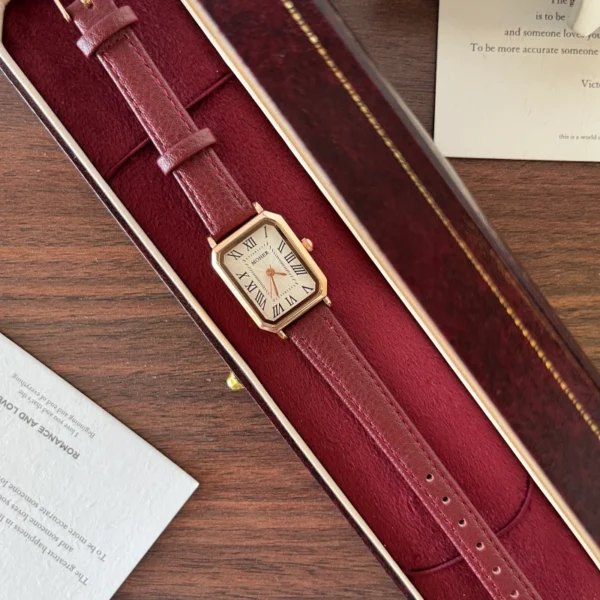 Classic Cream Rectangle Dial Burgundy Stitched Strap Watch for Women