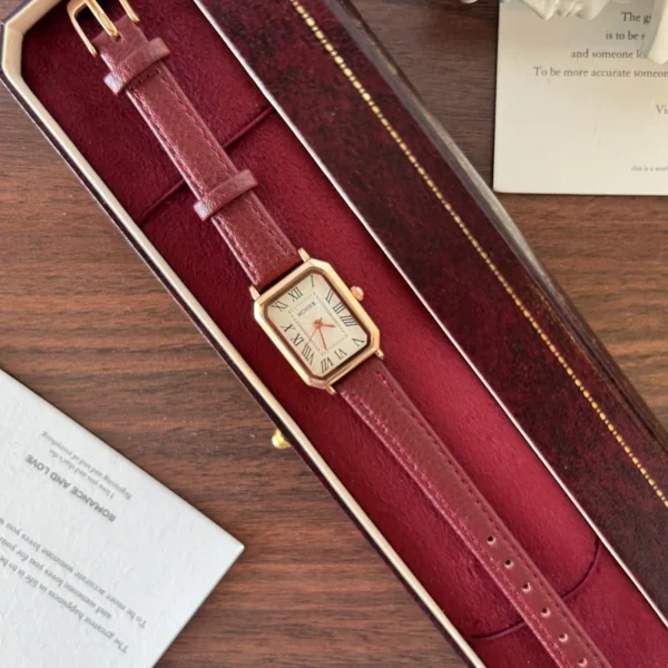 Classic Cream Rectangle Dial Burgundy Stitched Strap Watch for Women