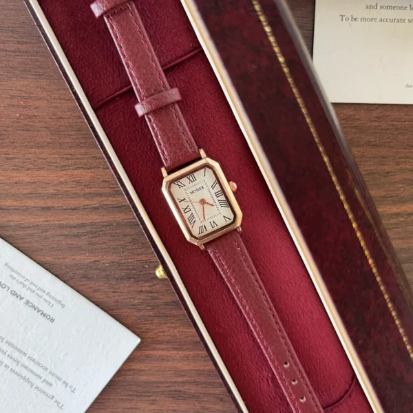 Classic Cream Rectangle Dial Burgundy Stitched Strap Watch for Women