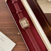 Classic Cream Rectangle Dial Burgundy Stitched Strap Watch for Women