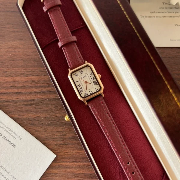 Classic Cream Rectangle Dial Burgundy Stitched Strap Watch for Women