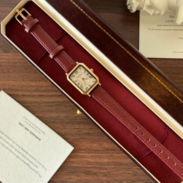Classic Cream Rectangle Dial Burgundy Stitched Strap Watch for Women