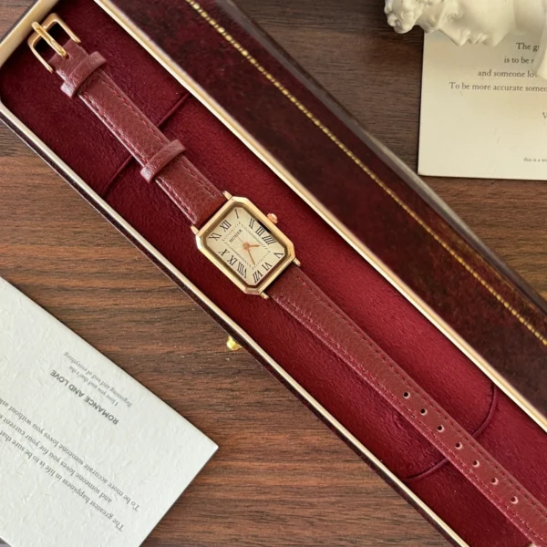 Classic Cream Rectangle Dial Burgundy Stitched Strap Watch for Women