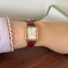Classic Cream Rectangle Dial Burgundy Stitched Strap Watch for Women