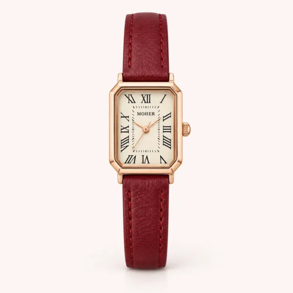 Classic Cream Rectangle Dial Burgundy Stitched Strap Watch for Women