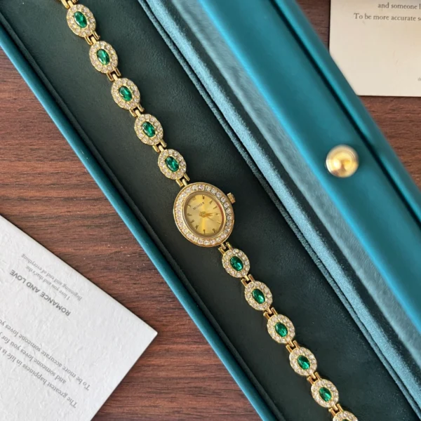Elegant Green Oval Accent Gold Bracelet Watch for Women