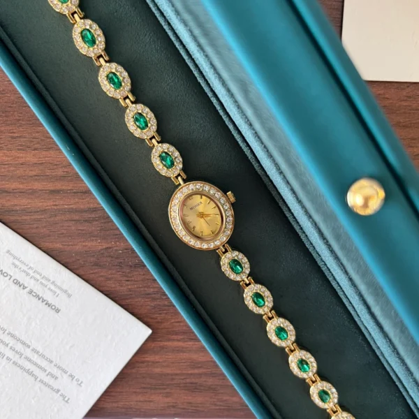 Elegant Green Oval Accent Gold Bracelet Watch for Women