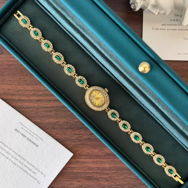 Elegant Green Oval Accent Gold Bracelet Watch for Women