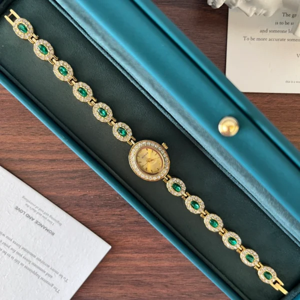 Elegant Green Oval Accent Gold Bracelet Watch for Women