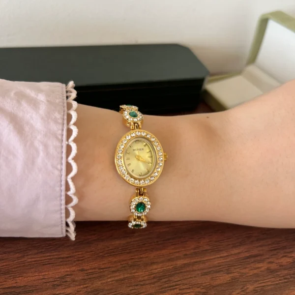 Elegant Green Oval Accent Gold Bracelet Watch for Women
