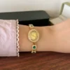 Elegant Green Oval Accent Gold Bracelet Watch for Women