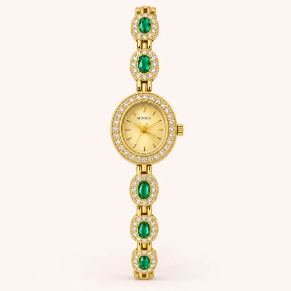 Elegant Green Oval Accent Gold Bracelet Watch for Women