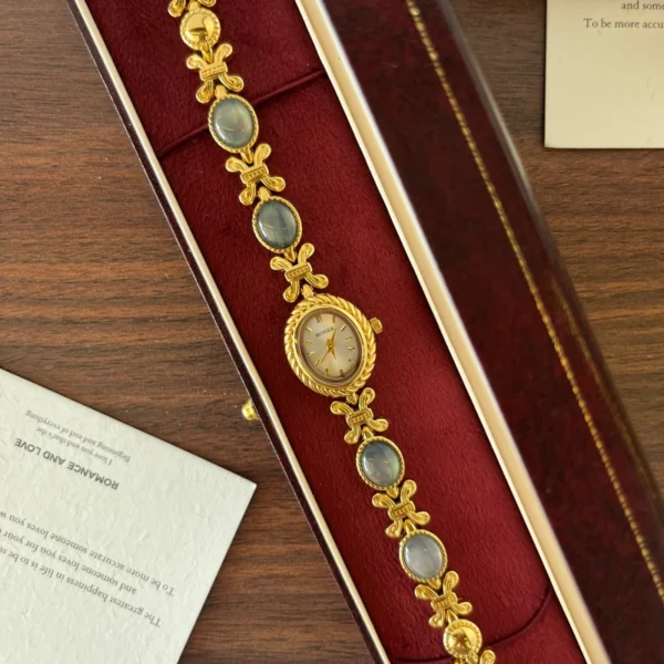 Elegant Grey Oval Accent Gold Floral Bracelet Watch for Women
