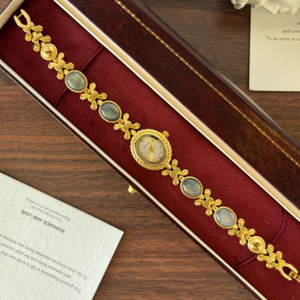 Elegant Grey Oval Accent Gold Floral Bracelet Watch for Women