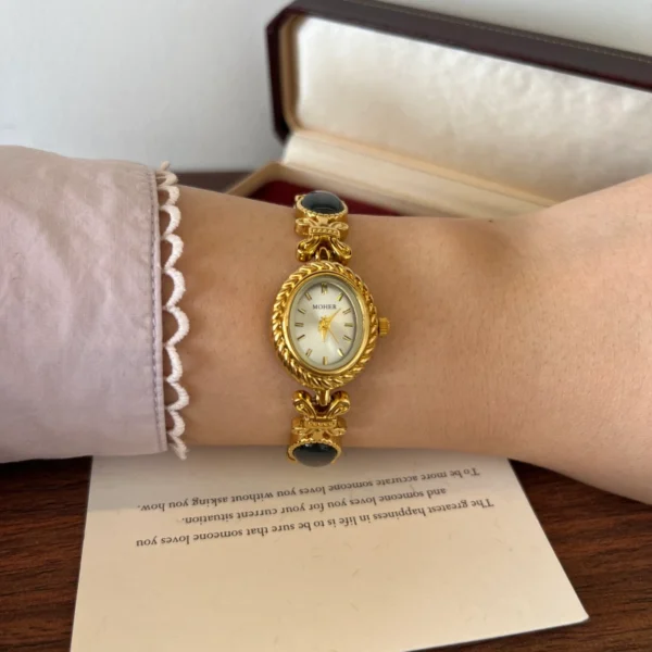 Elegant Grey Oval Accent Gold Floral Bracelet Watch for Women