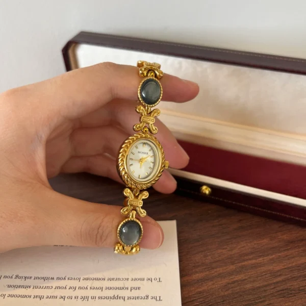 Elegant Grey Oval Accent Gold Floral Bracelet Watch for Women