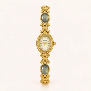 819-main Elegant Grey Oval Accent Gold Floral Bracelet Watch for Women