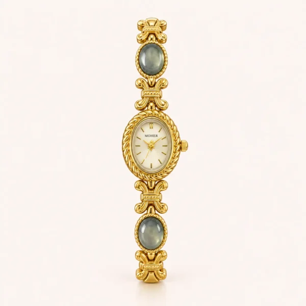 Elegant Grey Oval Accent Gold Floral Bracelet Watch for Women