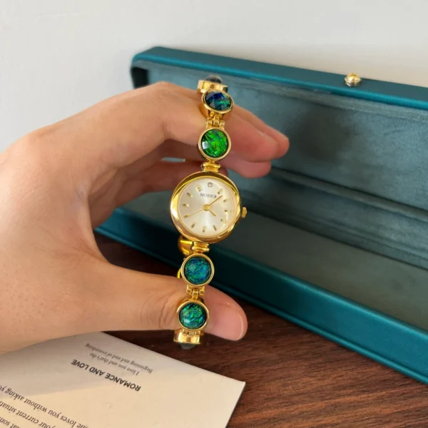 Elegant Blue Green Round Accent Gold Bracelet Watch for Women
