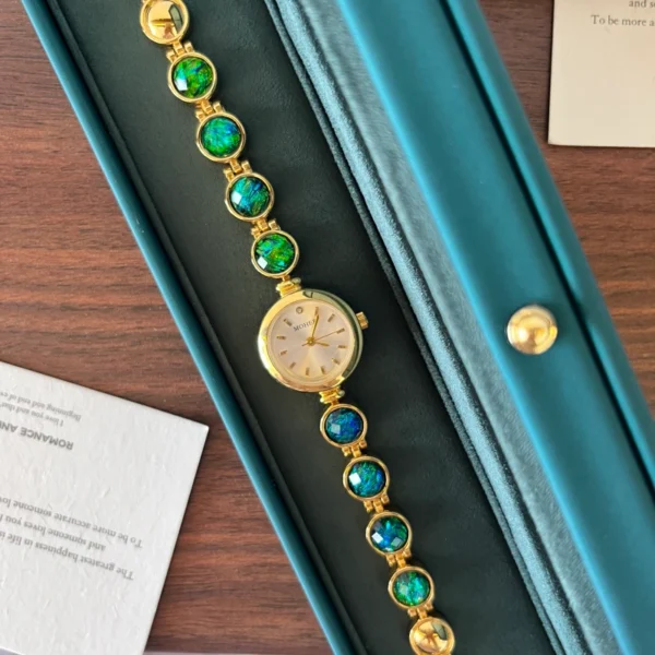 Elegant Blue Green Round Accent Gold Bracelet Watch for Women