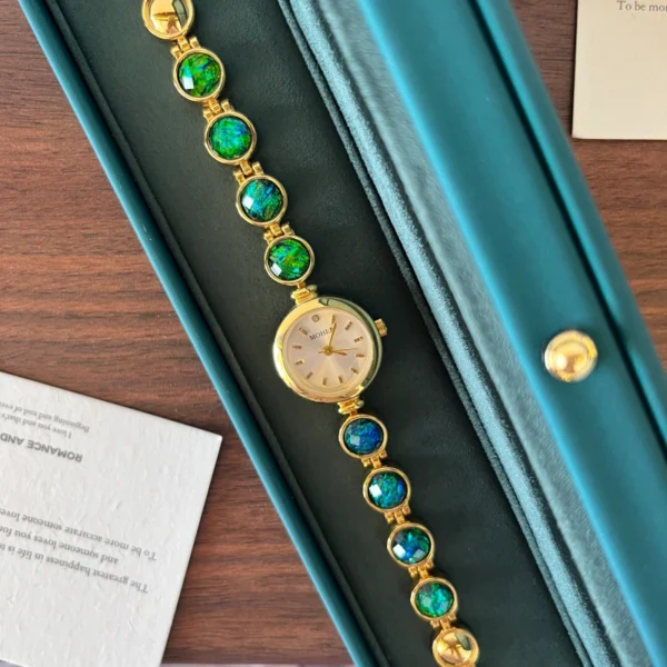 Elegant Blue Green Round Accent Gold Bracelet Watch for Women