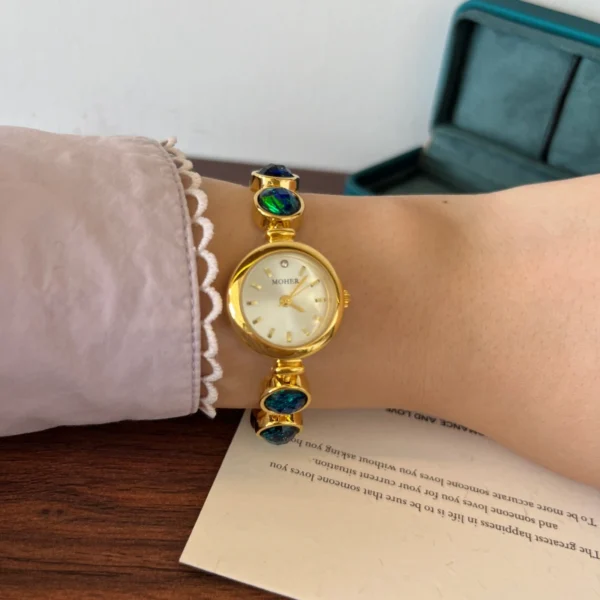 Elegant Blue Green Round Accent Gold Bracelet Watch for Women