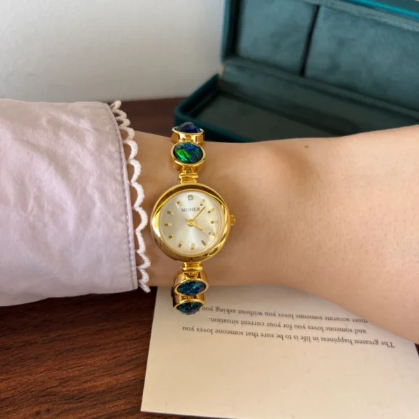 Elegant Blue Green Round Accent Gold Bracelet Watch for Women