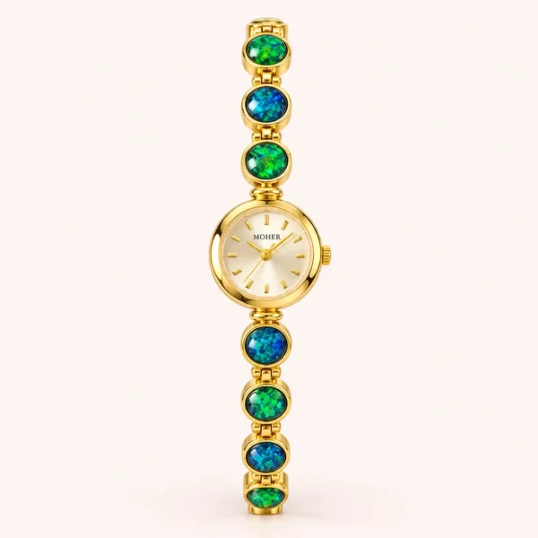 Elegant Blue Green Round Accent Gold Bracelet Watch for Women