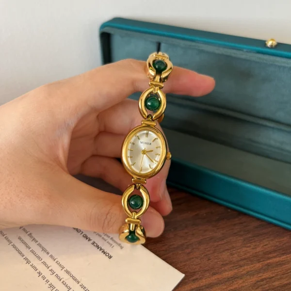 Classic Dark Green Oval Link Gold Bracelet Watch for Women