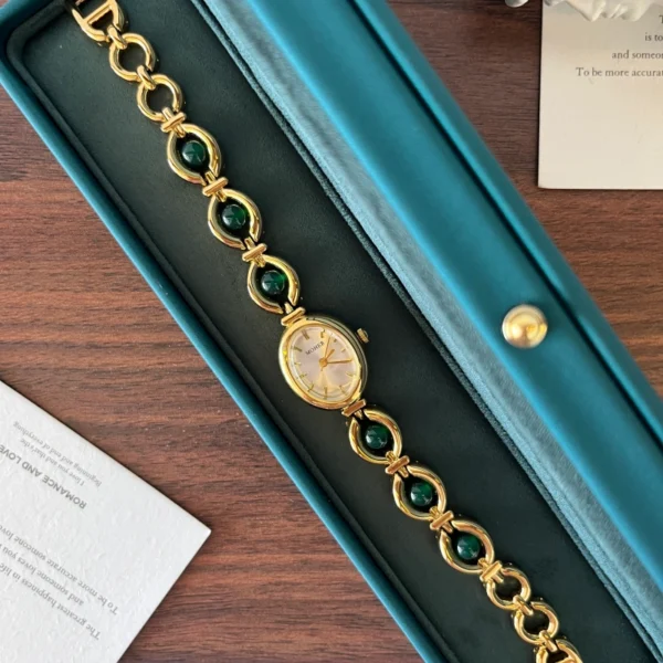 Classic Dark Green Oval Link Gold Bracelet Watch for Women