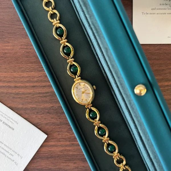 Classic Dark Green Oval Link Gold Bracelet Watch for Women