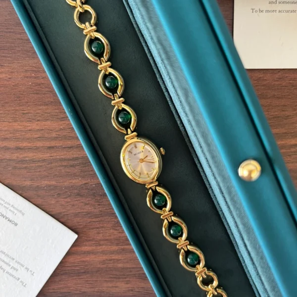 Classic Dark Green Oval Link Gold Bracelet Watch for Women