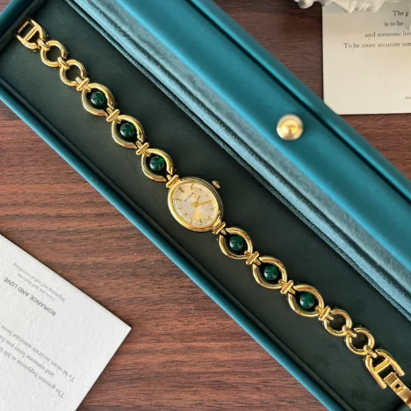 Classic Dark Green Oval Link Gold Bracelet Watch for Women