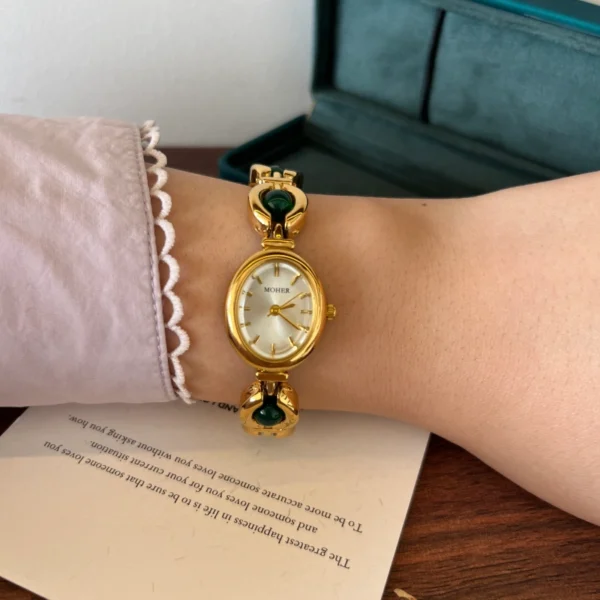 Classic Dark Green Oval Link Gold Bracelet Watch for Women