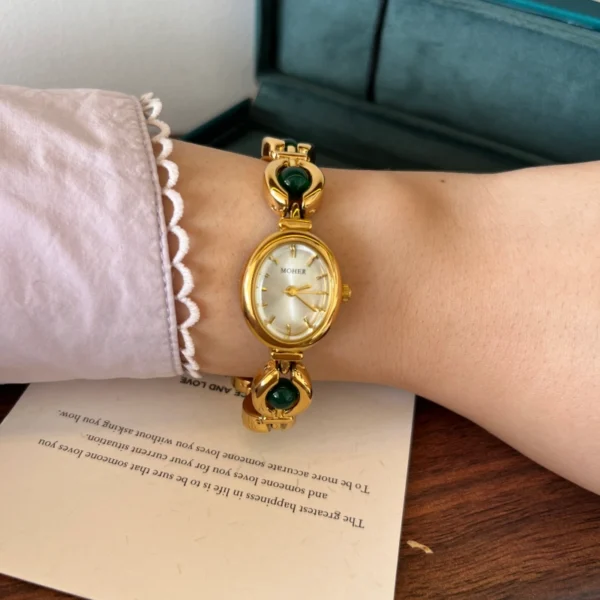 Classic Dark Green Oval Link Gold Bracelet Watch for Women