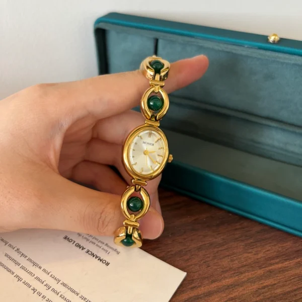 Classic Dark Green Oval Link Gold Bracelet Watch for Women