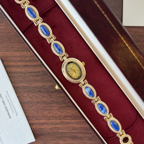 Elegant Blue Oval Accent Gold Oval Dial Bracelet Watch for Women
