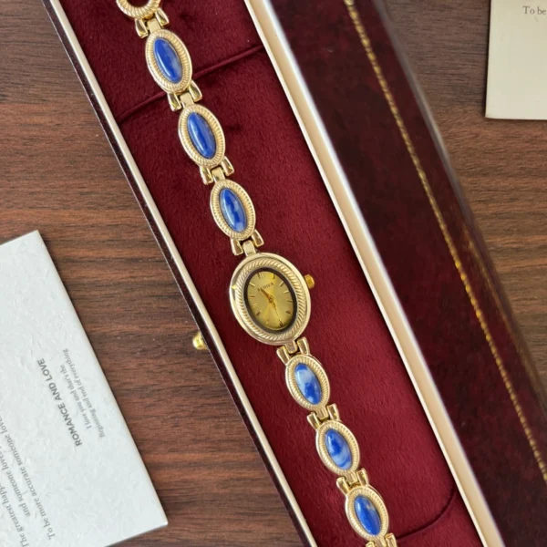 Elegant Blue Oval Accent Gold Oval Dial Bracelet Watch for Women