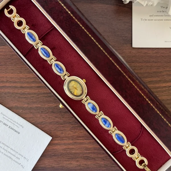 Elegant Blue Oval Accent Gold Oval Dial Bracelet Watch for Women