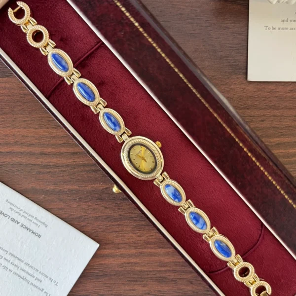 Elegant Blue Oval Accent Gold Oval Dial Bracelet Watch for Women