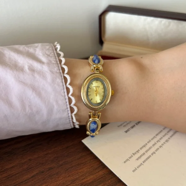 Elegant Blue Oval Accent Gold Oval Dial Bracelet Watch for Women