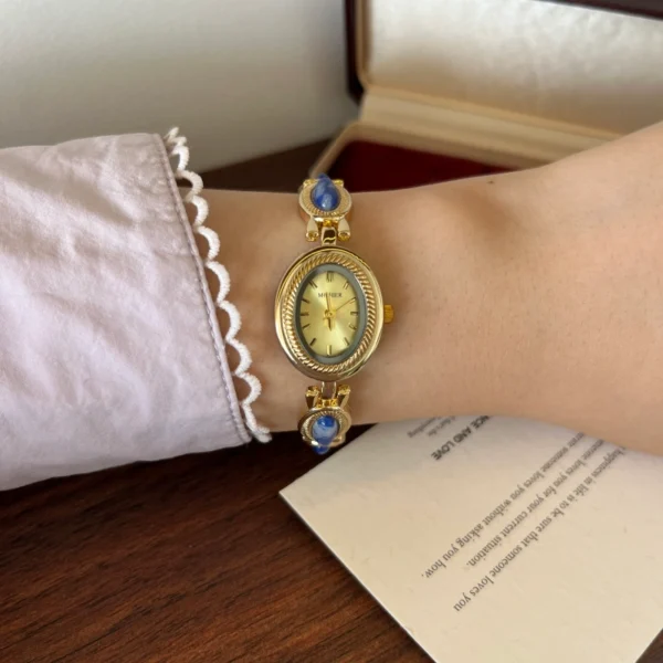 Elegant Blue Oval Accent Gold Oval Dial Bracelet Watch for Women
