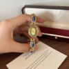 Elegant Blue Oval Accent Gold Oval Dial Bracelet Watch for Women