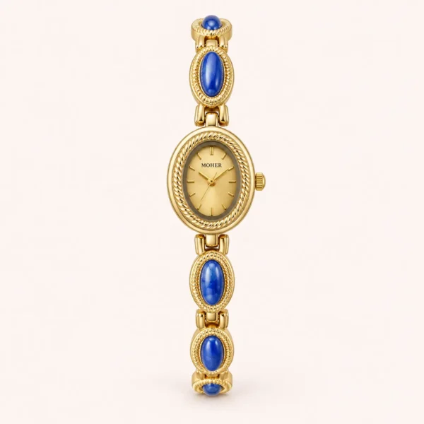 Elegant Blue Oval Accent Gold Oval Dial Bracelet Watch for Women