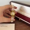 Elegant White Double Row Bead Gold Round Dial Watch for Women