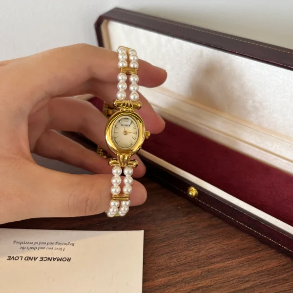 Elegant White Double Row Bead Gold Round Dial Watch for Women