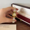 Elegant White Double Row Bead Gold Round Dial Watch for Women