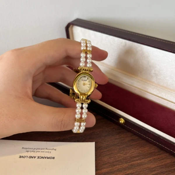Elegant White Double Row Bead Gold Round Dial Watch for Women